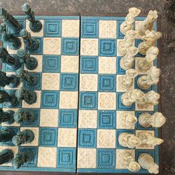 Vintage Aztec Mayan & Conquistadors Folding Chess Set ~ Turquoise & White