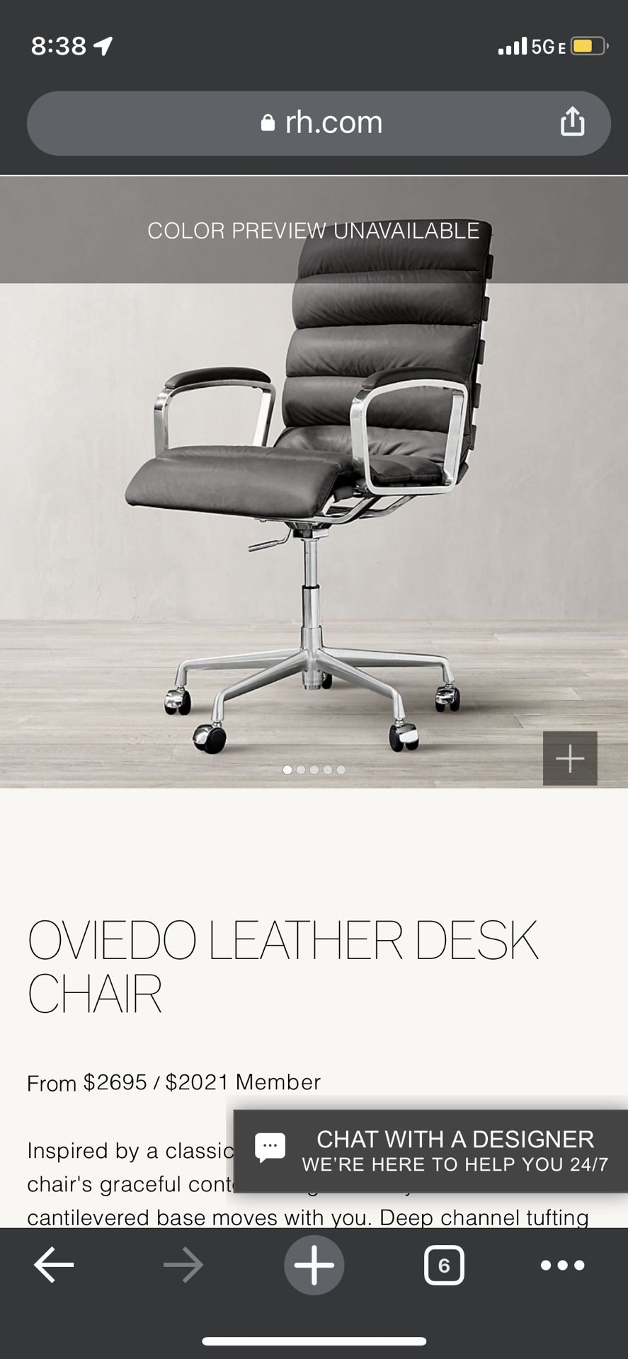 Restoration Hardware Office Chair Cigar leather for Sale in Miami Beach