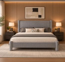 King Boucle Bed Frame with Headboard & Footboard, Light Grey