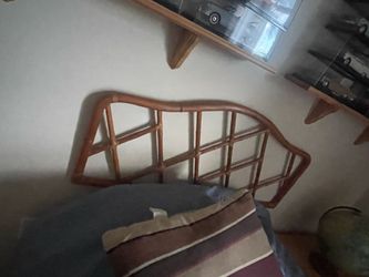 Wicker mirror, headboard twin, and shelving unit