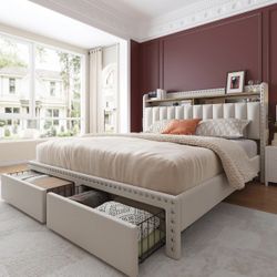 Full Size Bed Frame with mattress, Upholstered Full Bed Frame with 2 Storage Drawers