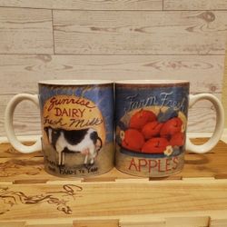 Set of Vintage Cracker Barrel Farmers Market collection mugs, featuring artwork by Susan Winget. 