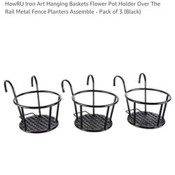 HowRU Iron Art Hanging Baskets Flower Pot Holder Over The Rail Metal Fence Planters Assemble - Pack of 3 (Black)
