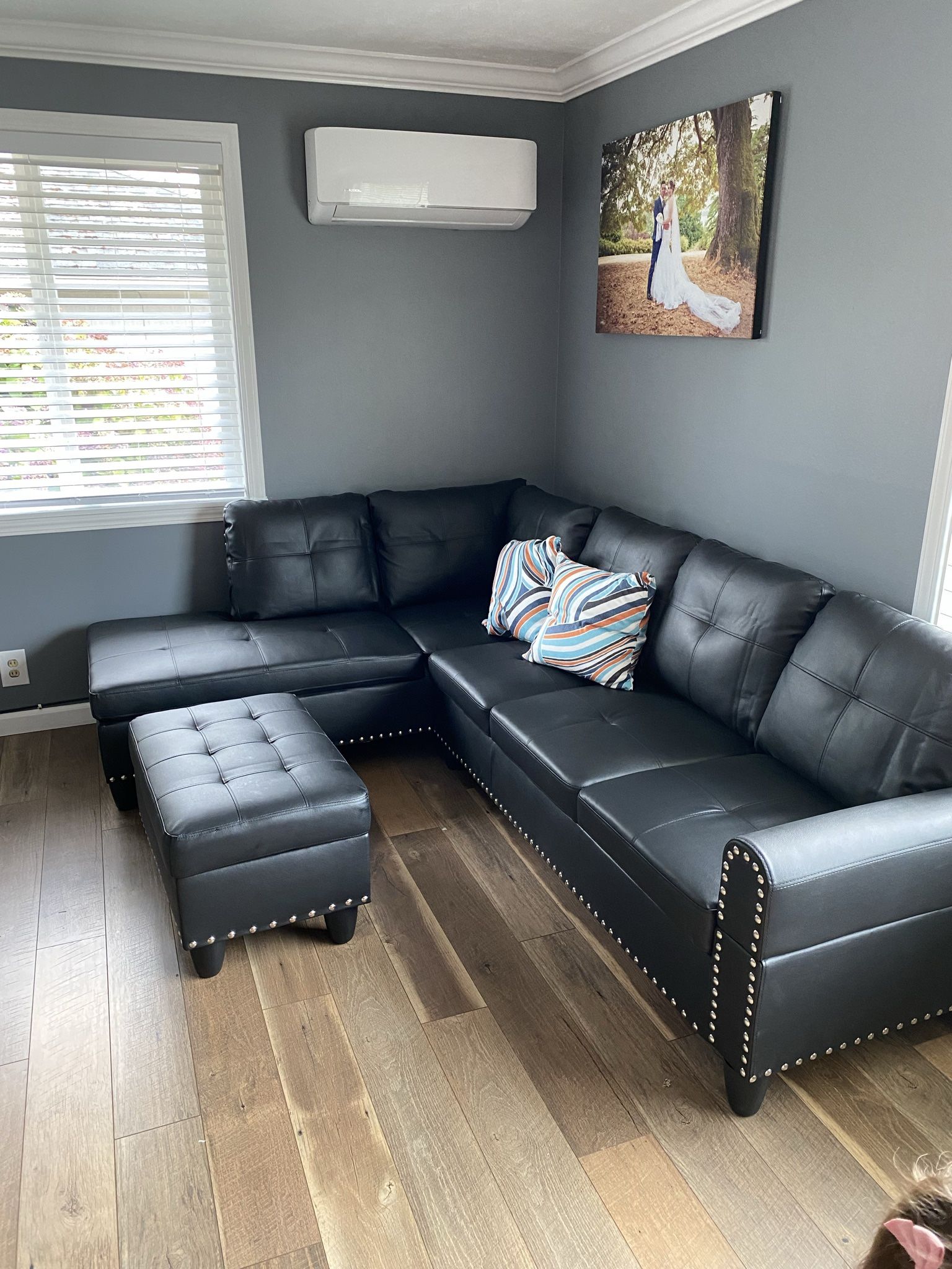 Black Leather Sectional Couch & Ottoman 