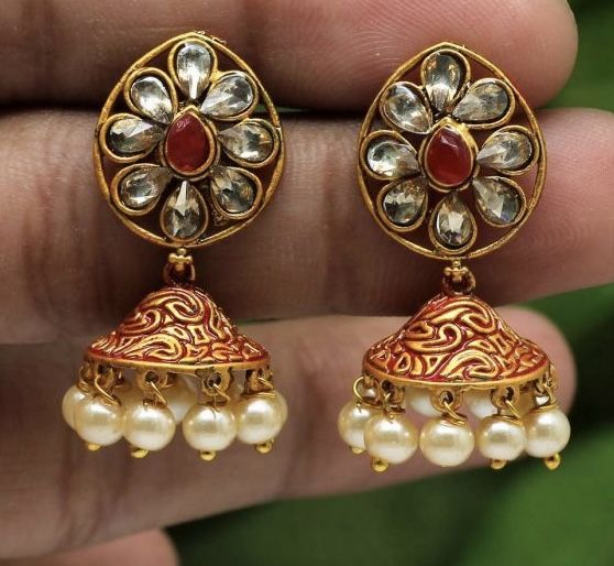 Cute Meenakari Jhumki Earrings With Glass Stones And Faux Pearl Beads 