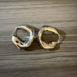 Chunky Sculptural Silver Tone Hoop Earrings 