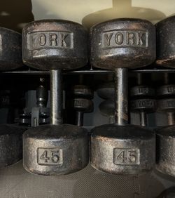 Vintage York Roundhead 45 lb dumbbells 45lbs 45lb dumbbell lbs weights weight round head roundheads Cast Iron USA Stamped
