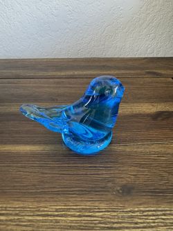 Leo Ward 1990 SIGNED Bluebird of Happiness Blue Glass Bird Figurine Vintage