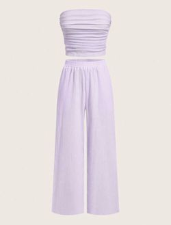 SHEIN EZwear 2pcs Solid Textured Fabric Strapless Tube Top & Pants Set Size Large