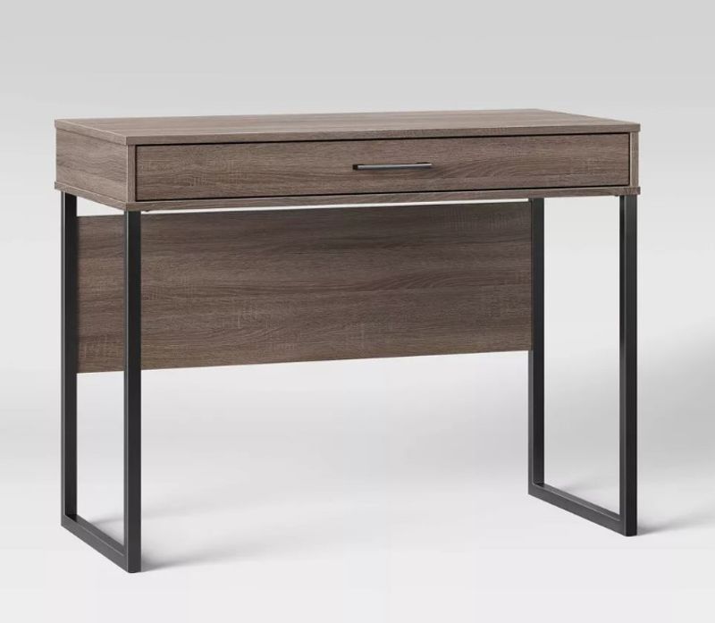Wood and Metal Writing Desk With Drawer Gray Oak Wood