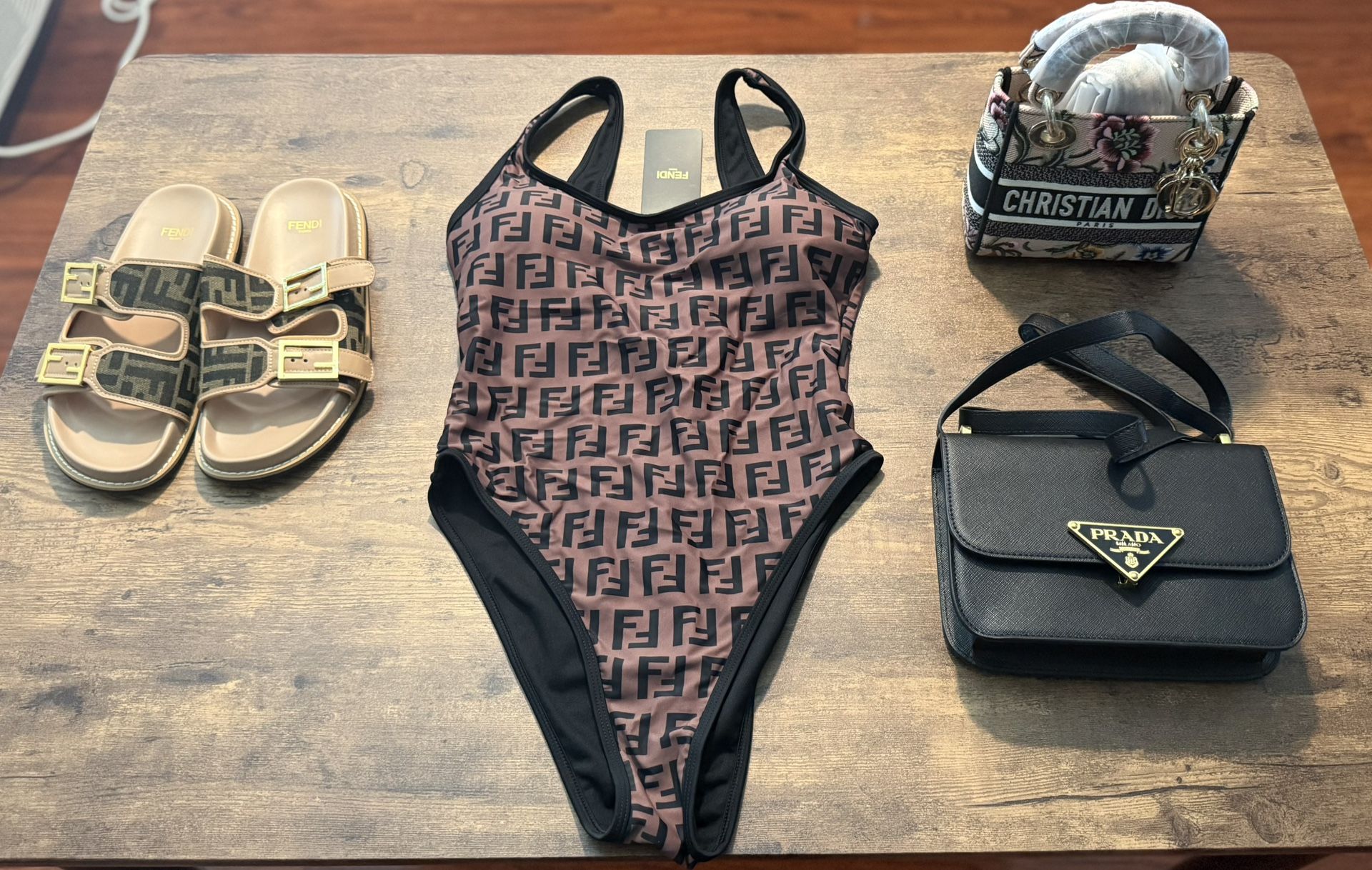 Designer Bag, Sandals & Bathing Suit