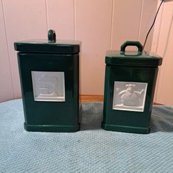 FOREST GREEN TILEWARE 2 Vintage Cannister/Cookie Jar/Replacement Mixmaster 