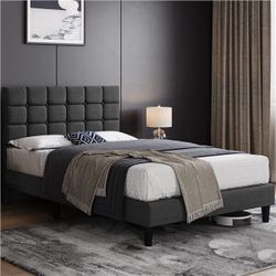 Upholstered Bed Frame, Modern Platform Bed Frame with Square Tufted Headboard, Strong Wooden Slats Support Height Adjustable
