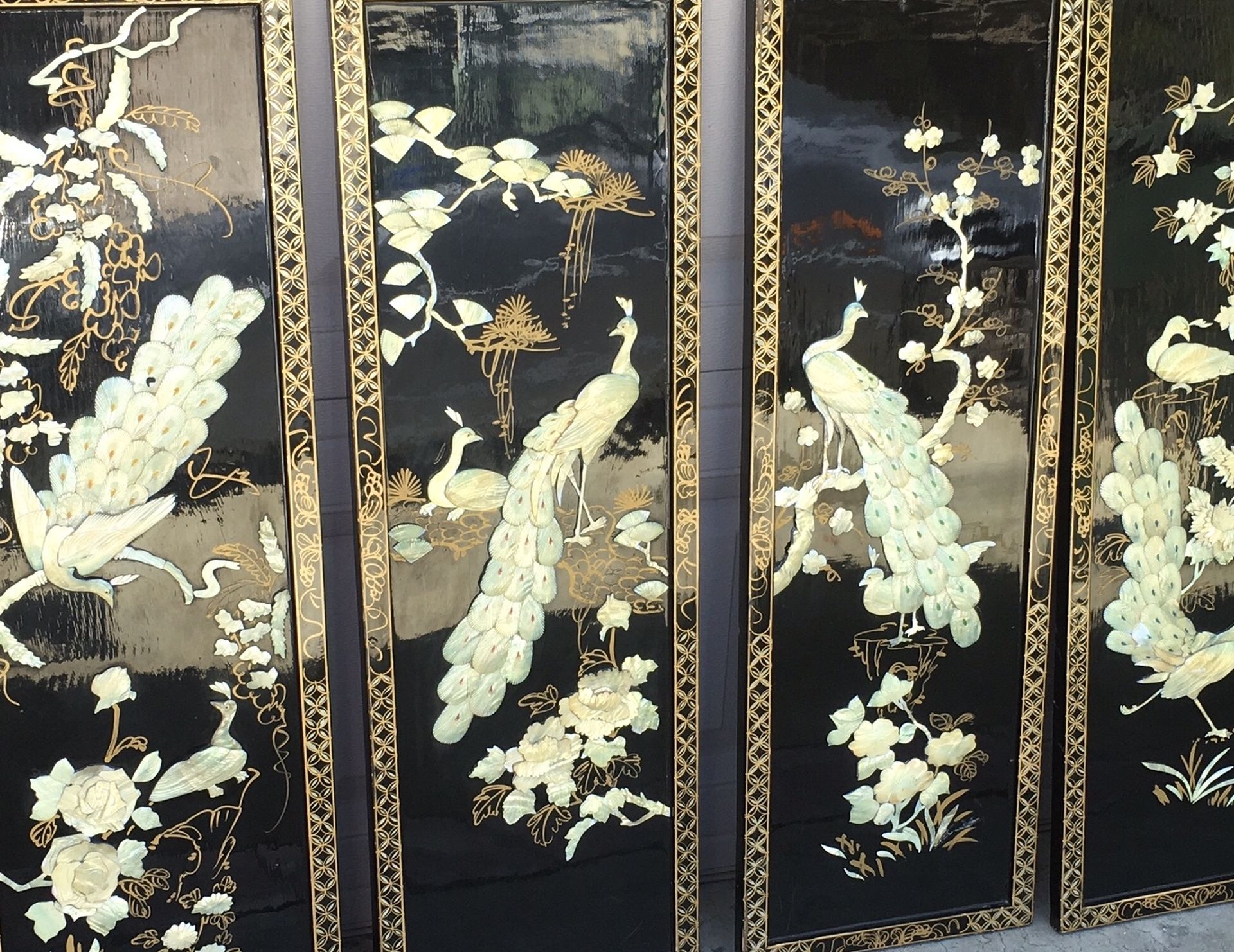 4 Chinese Mother Of pearl Wall Panels. 36” X 12”. Black Lacquer.