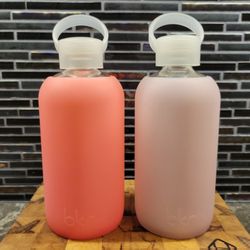SET OF (2) BKR HOT PINK SHEER & OPAQUE SHEER SLEEVE GLASS 16 OZ 500ML WATER BOTTLES