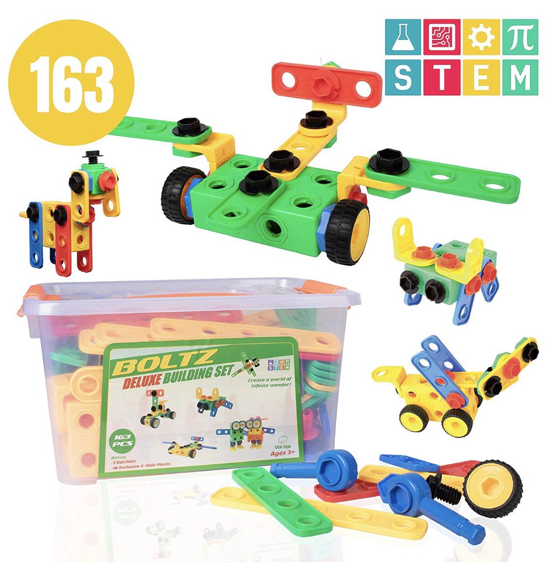 USA Toyz 163pk STEM Building Toys for Kids – Educational Preschool Kindergarten Building Games, Gear Tinker Toys for Toddler Boys Girls Age 3 4 5 6 7