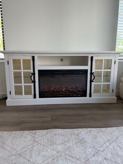 70" Fireplace TV Stand for TVs Up to 80", Entertainment Center with 30" Electric Fireplace, 270° Panoramic Tempered‑Glass Cabinets