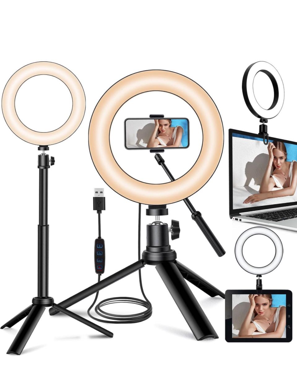 Selfie Ring Light for Zoom Meeting, Dimmable Desktop LED Circle Light with Tripod Stand, 6'' Lighting Kit Gifts for Live Streaming/Laptop Video Confer