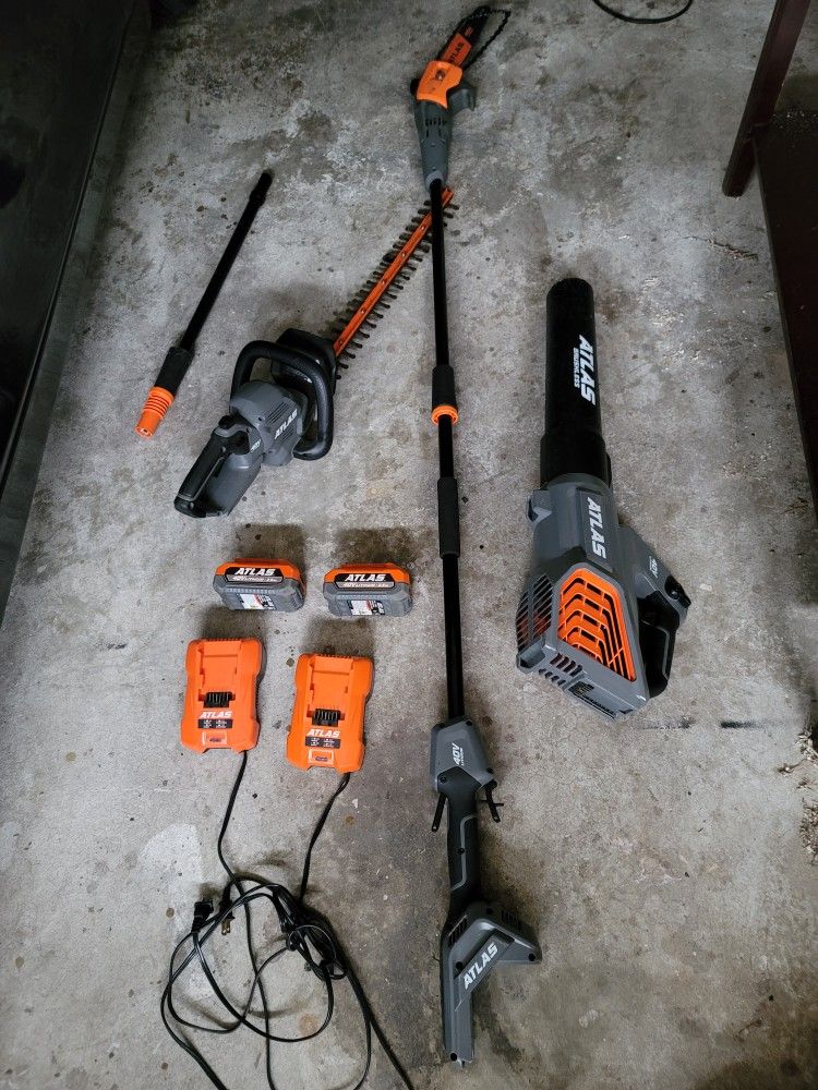 Yard Tools POLE SAW, BLOWER HEDGER ATLAS 40 VOLT 2 BATTERIES AND CHARGERS
