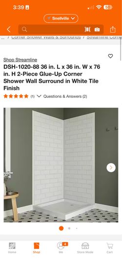 DSH-1020-88 36 in. L x 36 in. W x 76 in. H 2-Piece Glue-Up Corner Shower Wall Surround in White Tile Finish