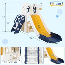 6 in 1 Toddler Slide, Kids Sturdy Slide with Basketball Hoop and Telescope, Non-Slip Steps, L-Shaped Baby Indoor and Outdoor Climber Playground Playse