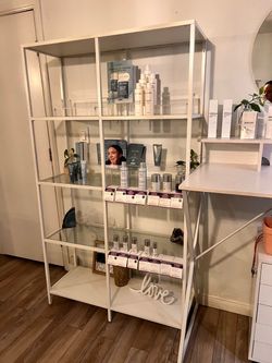 Glass shelving unit, chairs, coffee table