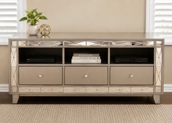 ✨ Modern Glam Mirrored TV Stand Media Console – 3 Drawers, Crystal Knobs, Silver finish