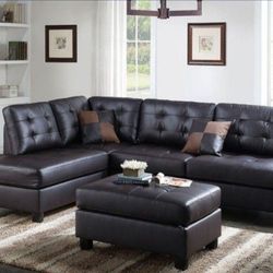 Brand New Espresso Leather Sectional Sofa With Ottoman 