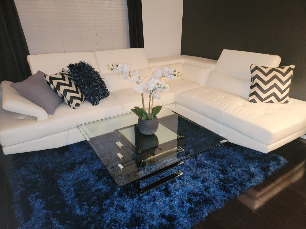 White Modern Sectional With 2 Mirrored Tables And Hanging Mirror