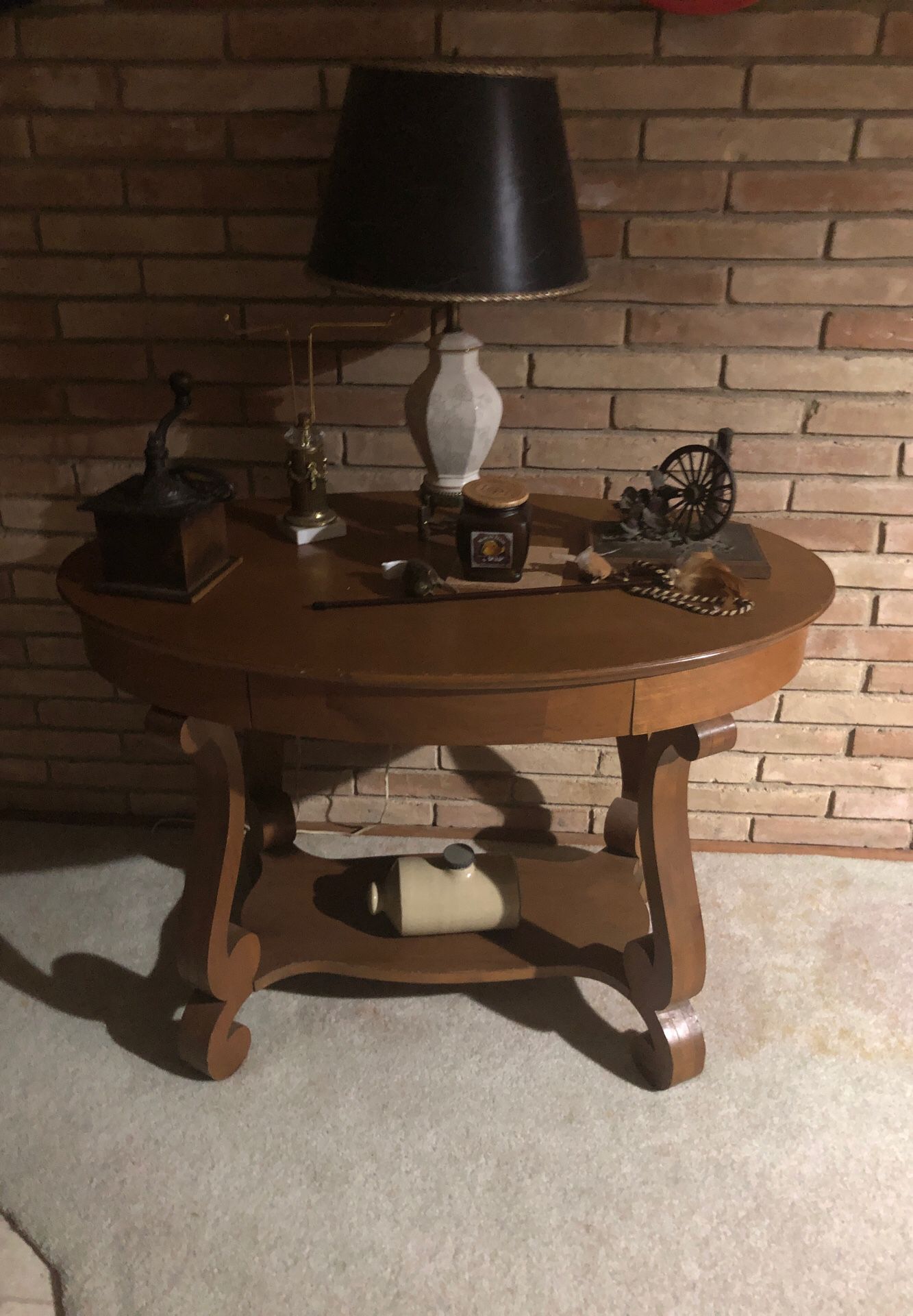 Everything Goes! Lamp, Table, antique Coffee Grinder, Quail&WagonWheel metal sculpture by T J Nichols, and “old”ceramic tank