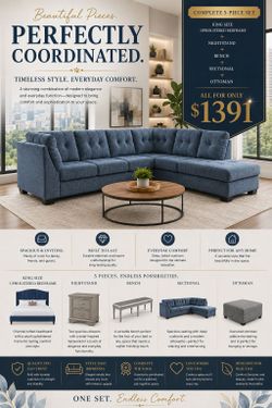 BIG SALE! BRAND NEW SECTIONAL, OTTOMAN, KING SIZE BEDFRAME, NIGHTSTAND AND BENCH