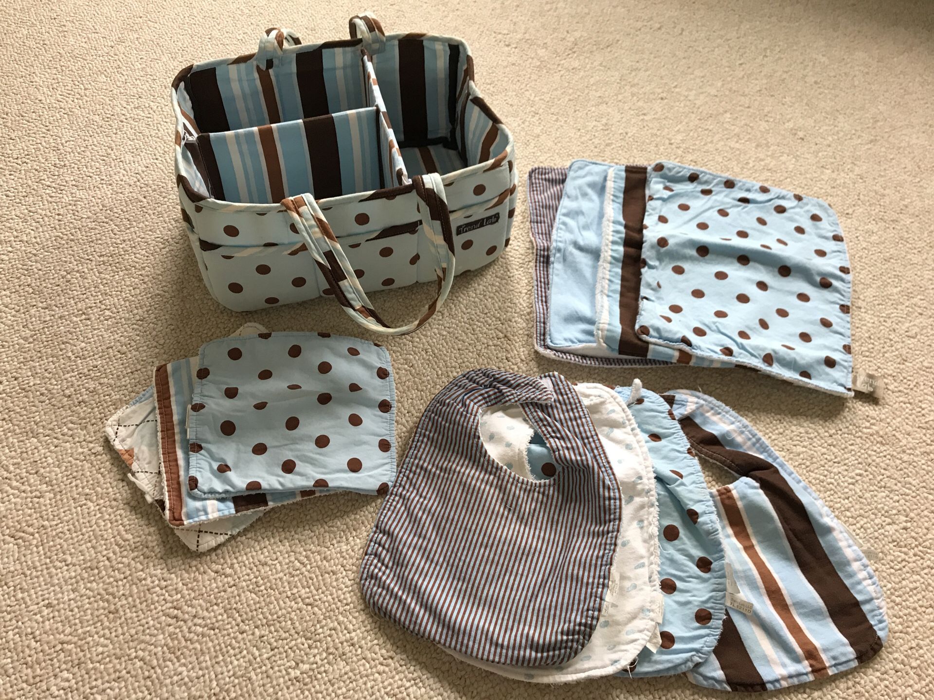 Trend Lab diaper caddy, burp cloths, wash cloths, bibs