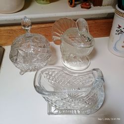 Vintage Holiday Pressed Glass Dishes - Sleigh, Turkey, & Pumpkin (Excellent Condition)
