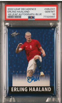 2022 LEAF DECADENCE 1948 LEAF AUTOGRAPHS '48 LEAF AUTOGRAPH-BLUE ERLING HAALAND /5 PSA 10