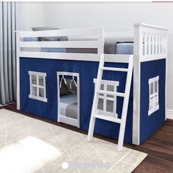 Low Bunk Bed (white Wood) with Blue Tent
