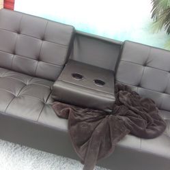 Black Leather Futon Sofa (New Condition)