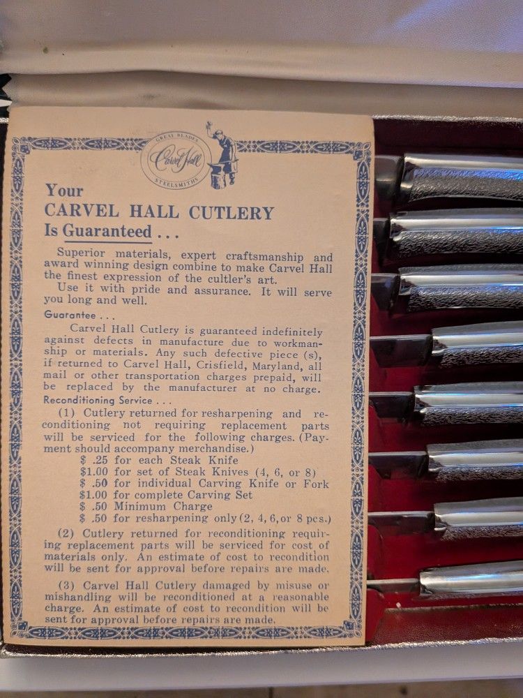 Vintage MCM Set of 6 Carvel Hall Stainless Steel Steak Knives (7¾")