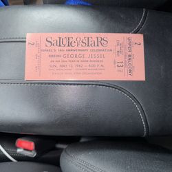 vintage ticket for a "Salute of Stars" event celebrating Israel's 14th Anniversary and honoring George Jessel's 55th year in show business. Has a coup