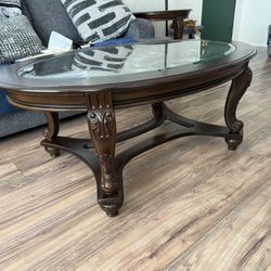 Wooden/Glass Coffee Table With 2 Side Tables 