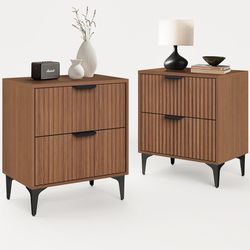 SUNWAVE Walnut Fluted Nightstand Set of 2, Modern Night Stands with 2 Drawers, Bedside Table for Twin/Full/Queen Bed, End Table with Robot-Friendly Me