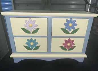 Wooden Jewelry Box/ Trinket Chest 4 Drawer Small Wood Floral Painted 10.5x3.5x7