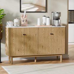 Fluted Buffet Cabinet with Storage, Accent Sideboard Modern Credenza with 4 Doors & Adjustable Shelves, Coffee Bar Console Table Faux Marbl