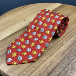 CELINE Paris Men's Pure Silk Tie Red Designer Pattern Spain Celestial Sun & Moon Couture Designer