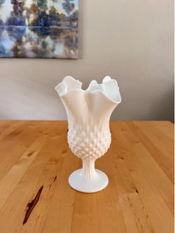 Vintage Fenton White Milk Glass Hobknob Handkerchief Swung Vase - 8.5”