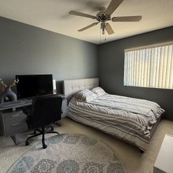 Bedroom frame, mattress,  desk, chair, rug for sale 