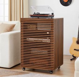 LEVNARY 5-Tier AV Media Cabinet with Grille Door & Adjustable Shelves, Modern Wooden Stereo Rack with Cable Management & Wheels, Audio Video Stand for