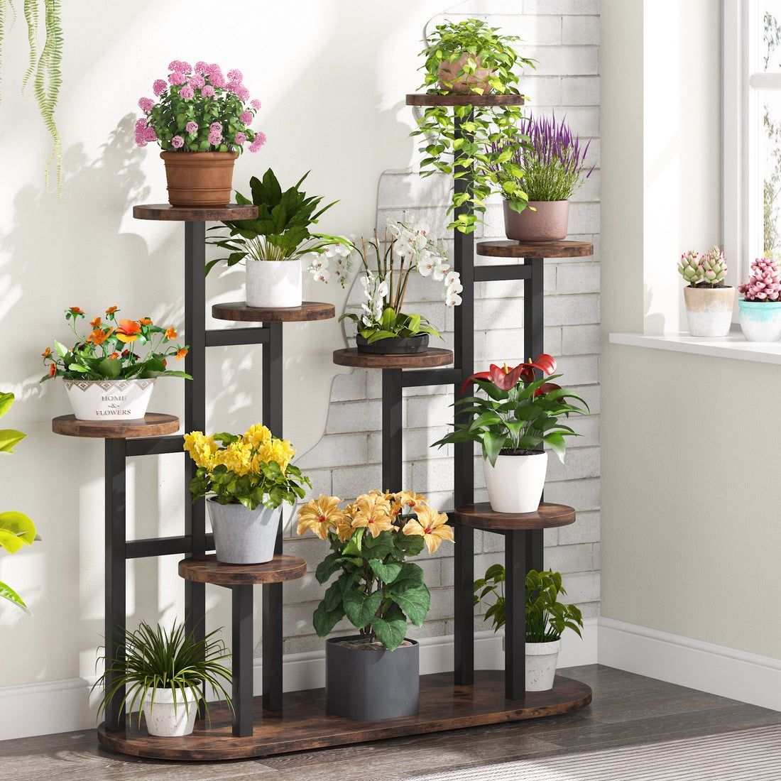 Multi-Tiered Plant Stand, 11 Potted Plant Shelf Flower Stands Color, Rustic Brown
