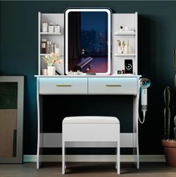 Vanity Desk with LED Lights Mirror & Power Outlet, Small Makeup Vanity Table Set with Storage Drawers & Chair, 3 Lighting Modes & Adjustable Brightnes