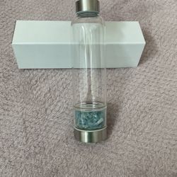 Glass Insulated Drinking Container With Insulted Holder With Beautiful Aquamarine Crystals In The Base .. 