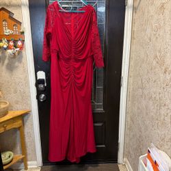 Red Lace Sleeve Ruched Evening Gown